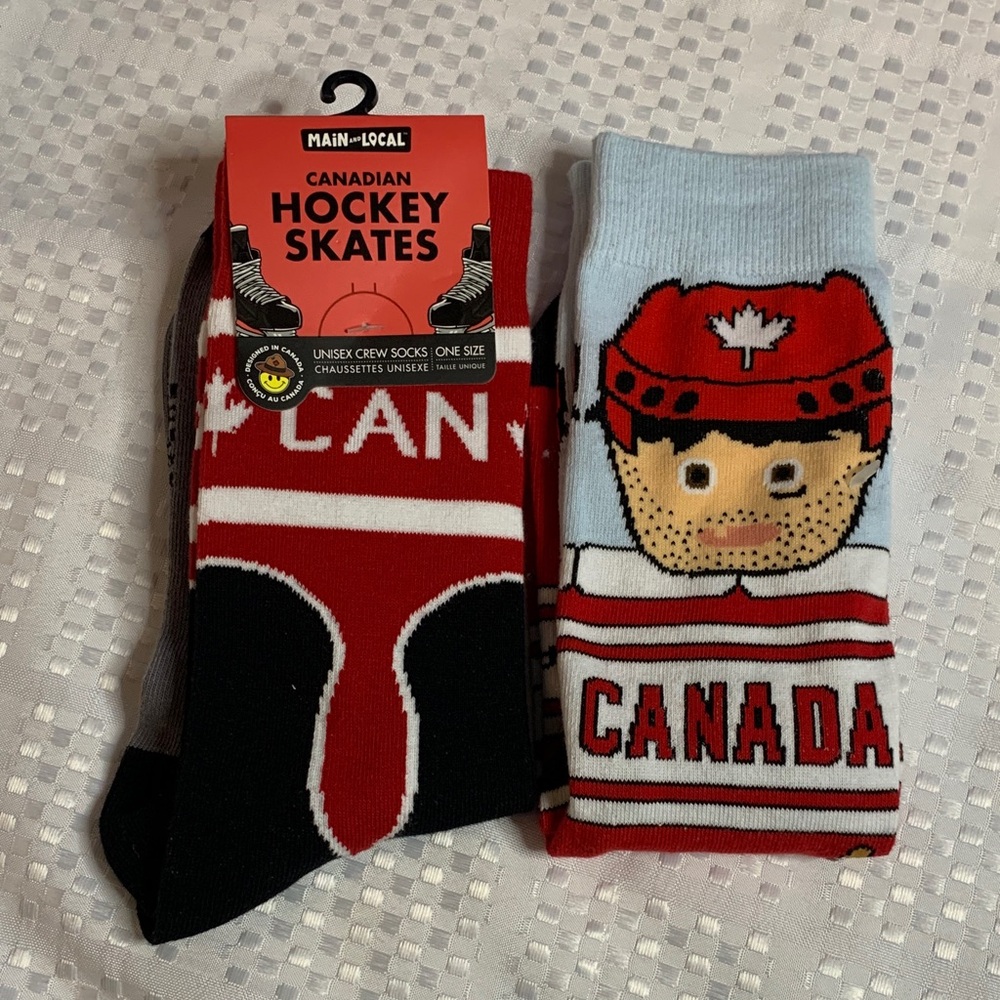 Main and local Canadian Hockey themed socks.Black and Red, One size, unisex.